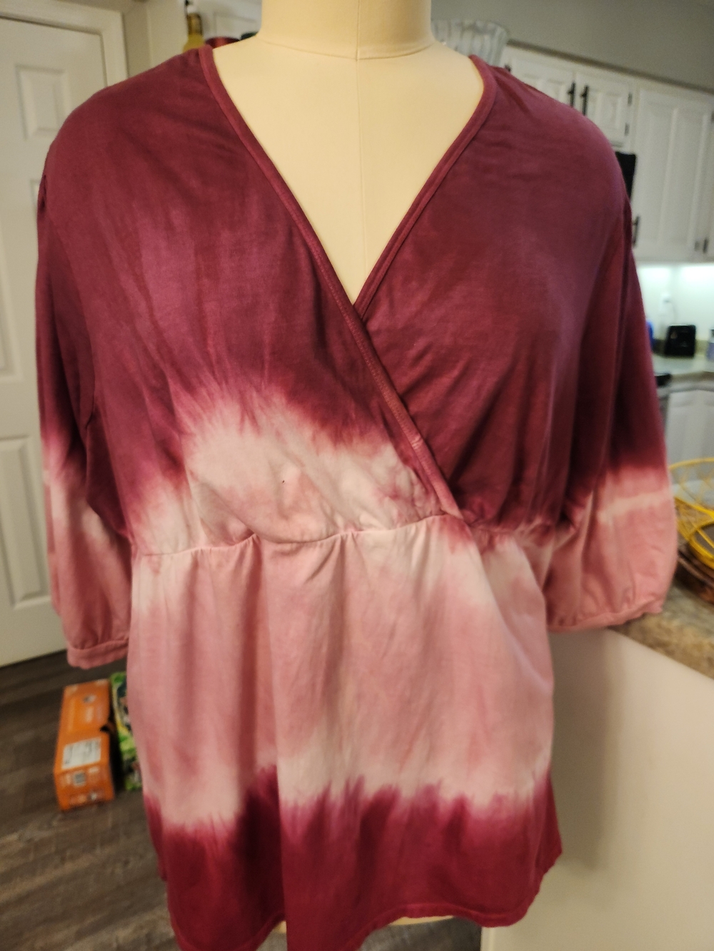 Roaman's Burgundy and Light Pink Tie-Dye Wrap Tunic